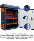 Heavy Duty Outdoor Electrical Box Built Different With Heat Dissipating Fan Vent And Easy Swap Shelves showing shelves and locking hinge.