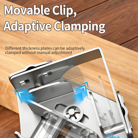 Premium Heavy Duty Pro Grade Quick Adjust Metal Work Clamp For Woodworking Welding Jobs With Ergonomic Handle and strong grip stability showing movable clip for adaptive clamping.