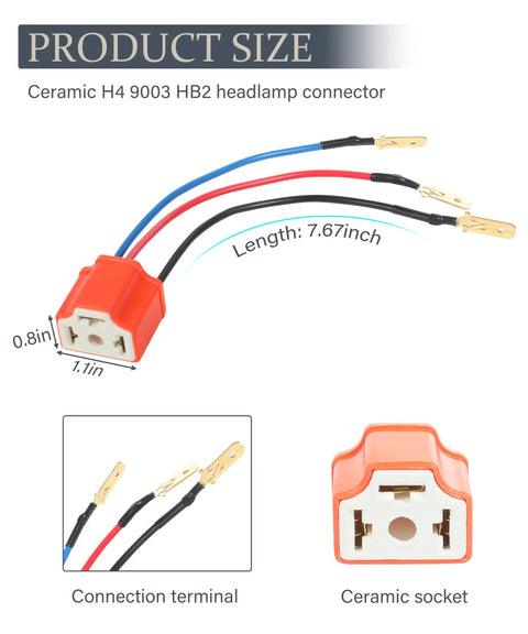 Beefy Heavy Duty Ceramic H4 9003 HB2 Wiring Harness Plug 2 Pack Headlight Sockets dimensions and connection terminals