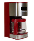 Red 12 Cup Programmable Drip Coffee Maker with Auto Shut Off and Glass Carafe, ideal for homes or small cafes.