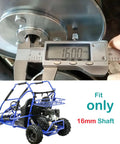 KT196 Go Kart Clutch Driven Pulley With 16mm Bore For Coleman Minibike, digital caliper showing 16mm measurement on pulley, blue go kart chassis