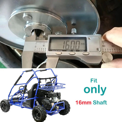 KT196 Go Kart Clutch Driven Pulley With 16mm Bore For Coleman Minibike, digital caliper showing 16mm measurement on pulley, blue go kart chassis
