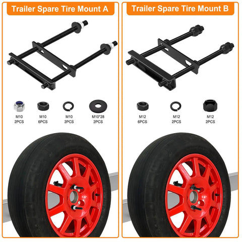 Comparison of Trailer Spare Tire Mount A and B with red wheel, fits most tires, heavy duty steel, galvanized rust-resistant