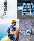 Composite image showing Half Inch Steel Cable Kit 10Ft 7x19 Aircraft Wire Rope With Loops, zipline, winch, and rigging setup.