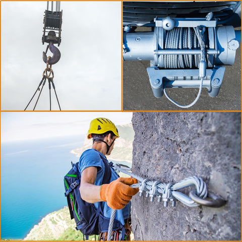 Composite image showing Half Inch Steel Cable Kit 10Ft 7x19 Aircraft Wire Rope With Loops, zipline, winch, and rigging setup.