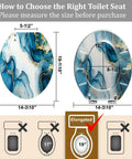 Elongated Resin Toilet Seat for Bathroom with dimensions 14.3" x 19" shown in blue marble design.