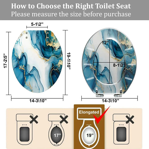 Elongated Resin Toilet Seat for Bathroom with dimensions 14.3" x 19" shown in blue marble design.
