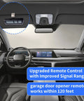 Car interior with Universal Garage Door Opener Remote For 1993 To Today With Easy Plug And Play Pairing installed on visor.