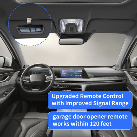 Car interior with Universal Garage Door Opener Remote For 1993 To Today With Easy Plug And Play Pairing installed on visor.
