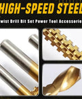 High Speed Steel Titanium Coated 6 Piece Metalworking Tool Set For Drilling, Cutting, And Carving Like A Boss With Serrated Edges For Quick Debris Discharge, Smooth Cuts, And Precision Positioning In Carbon Steel Kit, HSS twist drill bit set