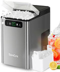 Top Shelf Countertop Nugget Ice Maker Crushing 40 Pounds Of Soft Chewable Ice Daily, with ice in glass and scoop.