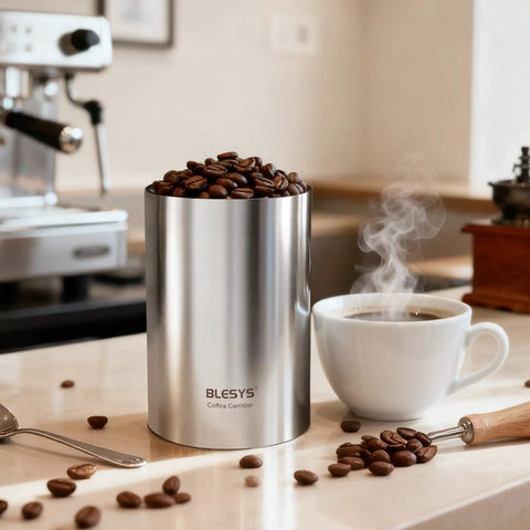 Top Shelf Automatic Vacuum Coffee Canister With Stainless Steel Build Digital Display One Touch Freshness Seal Keeps Your Beans Fire And Flavor Loaded Extra Long Standby Battery Life filled with roasted coffee beans next to a steaming cup