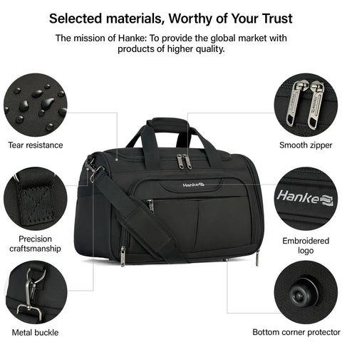 Underseat Carry On Luggage Bag For Travel Soft Lightweight Foldable Duffle Personal Item Fits Under Airline Seat For Women And Men Versatile Travel Tote showcasing material and features like zippers and straps.