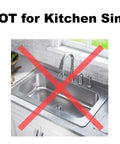 Image showing a kitchen sink with a red cross and text 'NOT for Kitchen Sink' indicating product's use for bathroom, utility sinks.