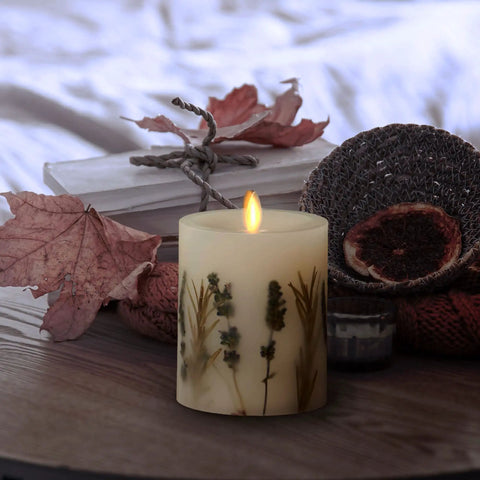 Moving Flame Pillar Candle With Lavender And Rosemary Scent, Flameless LED Battery Operated Candle on cozy decor table