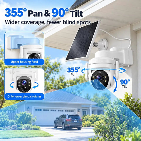Hassle Free Wireless Solar Security Camera For Yard And Driveway With Smooth 3Mp HD Clarity and Bright Full Color Night Vision 355° Pan and 90° Tilt.
