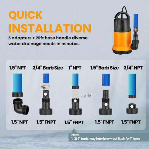 Quick installation of Powerful Submersible Water Pump With 25 Ft Hose Kit And 25 Ft Power Cord One And A Half HP 4000 GPH.