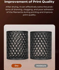 Comparison of dry and moisture-affected filaments showing print quality, emphasizing the Upgraded SpacePi SE Filament Dryer for 3D Printers