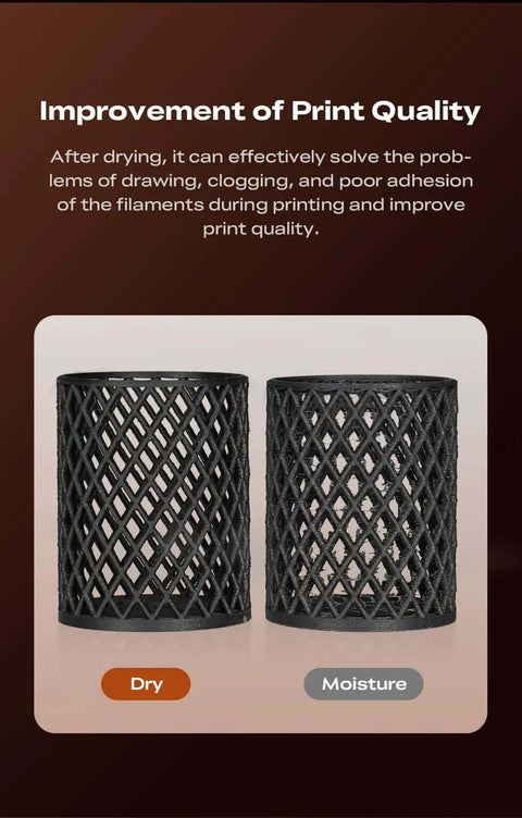 Comparison of dry and moisture-affected filaments showing print quality, emphasizing the Upgraded SpacePi SE Filament Dryer for 3D Printers