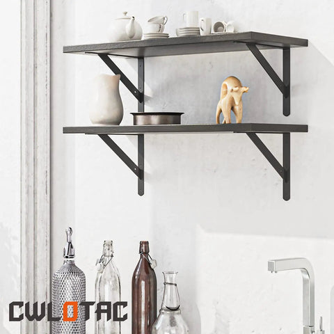 Rock Solid Heavy Duty Shelf Brackets 6 Pack Steel Wall Mount L Brackets 11.8 By 7.5 Inch support two wooden shelves with decor.
