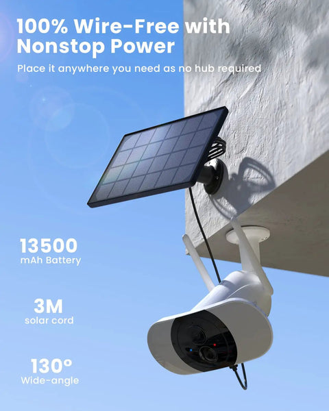 Solar Outdoor Security Camera With Floodlight, Wireless 2K Battery Powered, shown with attached solar panel and wall mount.
