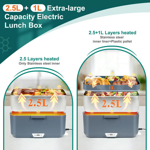 Electric Lunch Box For Adults, 100W 3.5L Two-Layer Heated Food Warmer With 304 Stainless Steel shown with two heated layers