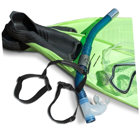 Diving gear with fins, snorkel, and mask alongside Hands Free Scuba Tank Strap Elastic Cylinder Band For Oxygen Tanks Practical Diving Accessory For Snorkeling Easy Install Adjustable Durable Gear To Keep Your Tank Secure And Close At Hand