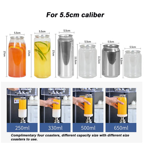 Commercial Grade Vacuum Cup Sealer With LCD Counter And Adjustable Heat Dial, Quickly Handles 25 Cans Per Minute, Reliable 320W Rig Slaps On An Airtight Seal Every Shift, Keeping Drinks Fresh And Smooth For Busy Cafes, Juice Bars, And Retail Shops with various can sizes.