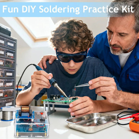 Teen learning with Electric Magnetic Transmitter Soldering Practice Kit For STEM Learning, supervised by adult, hands-on.