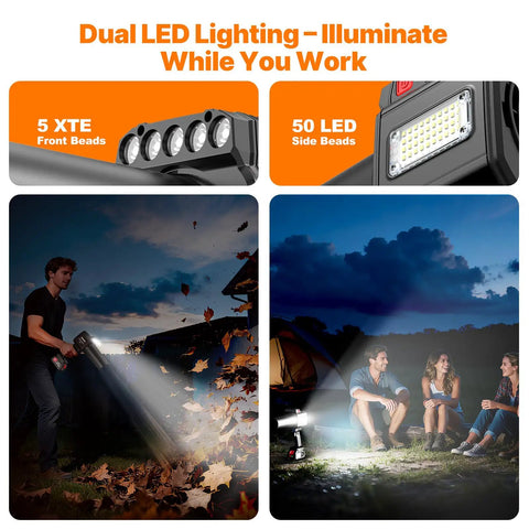 Dual LED lighting of Cordless Brushless Leaf Blower With 900G Blowing Power Turbo Jet Beast Mode 480W Motor Dual 3000mAh Batteries Handheld Garden Blower For Lawn Care Cars And Workshop Dust LED Work Light illuminating outdoor scenes.