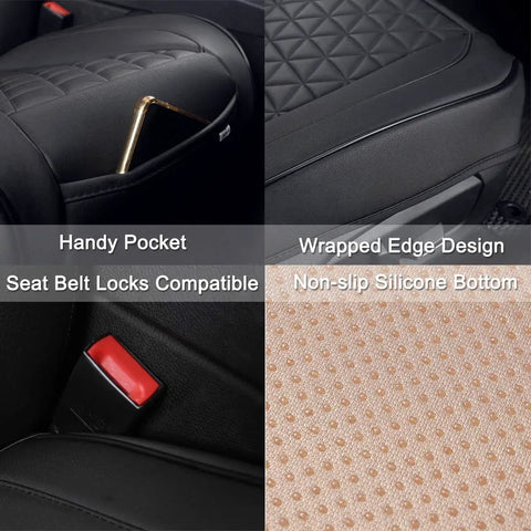 Premium Faux Leather Front Bottom Car Seat Cover With Grippy Anti Slip Wrap Around Lower Cushion Protector Durable Wear Resistant Water Repellent Fits Most Vehicles 1 Piece Black with handy pocket and nonslip bottom detail.