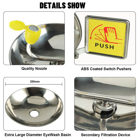 Wall Mounted Emergency Eye Wash Station Kit With Double Nozzles Stainless Steel Irrigation System details including nozzles and basin