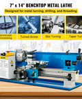 Rock Solid Compact Metal Lathe Seven By Fourteen Inch Bed with variable speed drive and heavy cast iron frame for machining.