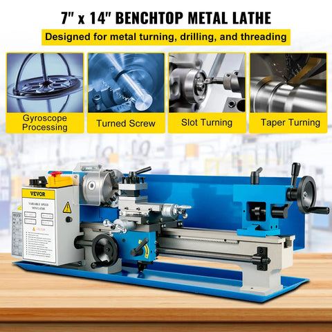 Rock Solid Compact Metal Lathe Seven By Fourteen Inch Bed with variable speed drive and heavy cast iron frame for machining.