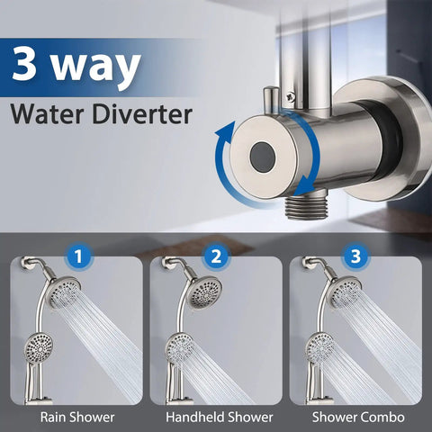 Rainfall Shower Head With Handheld Spray No Drill 26 Inch Adjustable Height Slider Bar High Pressure Dual Shower Head Set 3 Way Diverter For Easy Reach 5 Foot Hose Brushed Nickel Finish.