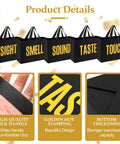 Five Senses Gift Bag Set for Him with Labels and Tissue Paper, featuring black silk handles and sensory labels: Sight, Smell, Sound, Taste, Touch.