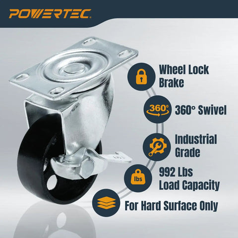 Beefy 3 Inch Cast Iron Swivel Caster Wheels Set Of 4 With Dual Locking Brakes, Heavy Duty 992 Lb Load Capacity For Cart Or Workbench.
