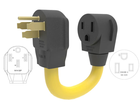 Built Tough Nema 14 50P To 6 50R Welder Adapter Connector for Dryer EV RV Charging 240V 50A with yellow wire and molded plugs.