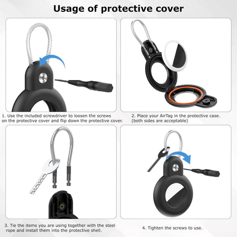 Waterproof Tracker Holder 4 Pack With Steel Cable Lock showing assembly instructions for Apple Find My compatible holder