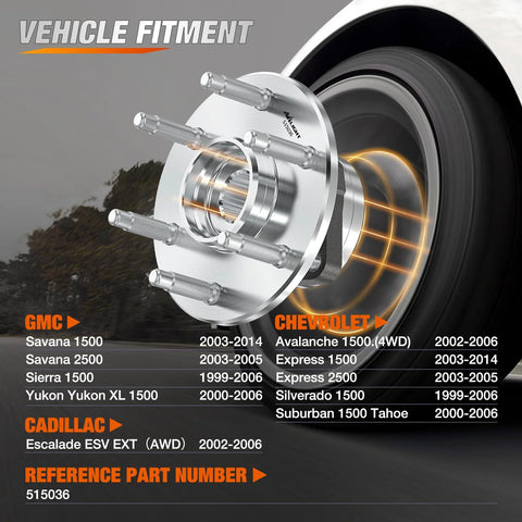 Front Wheel Bearing Hub Assembly 6 Lug Drop In Replacement For Silverado Tahoe Suburban Yukon XL Avalanche Express 1500 1999 To 2006 And Cadillac Escalade 6 Lug OEM 515036 Compatible schematic view