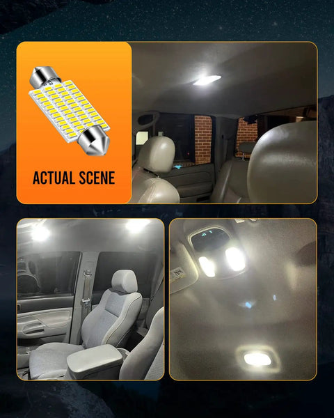 Xenon White LED Car Interior Bulbs 570 Lumens Each, 3.8W, 6500K, Pack of 2, installed in vehicle's dome and map lights.