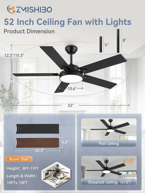 Diagram of 52 Inch Cool Modern Ceiling Fan With Lights And Smart Remote App Control 6 Speeds 3CCT Dimmable 30W LED Quiet DC Motor