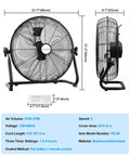 20 Inch Industrial Floor Fan With Remote Control, High Velocity Heavy Duty Cooling, dimensions and features shown