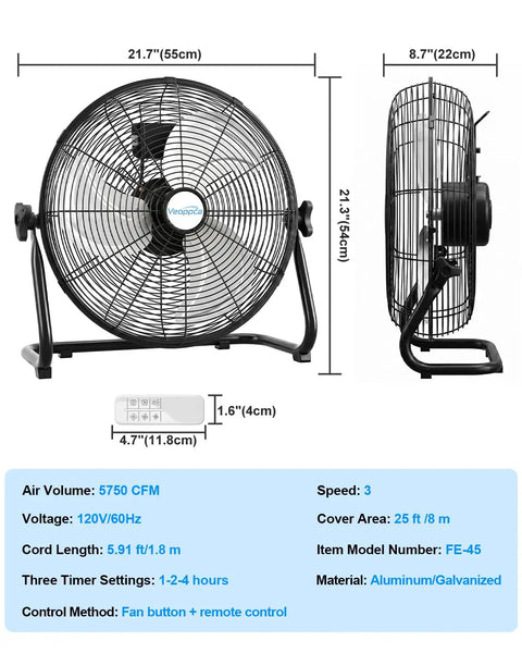 20 Inch Industrial Floor Fan With Remote Control, High Velocity Heavy Duty Cooling, dimensions and features shown