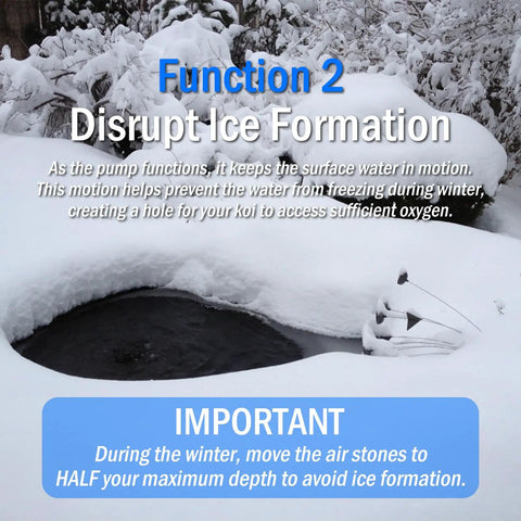 Outdoor pond in winter with ice formation disrupted by All In One Pond Aerator Kit For Outdoor Ponds Up To 1000 Gallons.