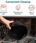 Hand placing a black cake pan from the Six Piece Air Fryer Accessory Set For 3.7 Qt And Larger Ovens into a dishwasher.