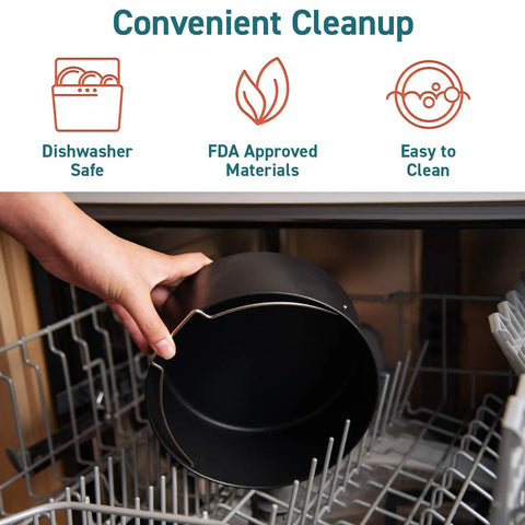 Hand placing a black cake pan from the Six Piece Air Fryer Accessory Set For 3.7 Qt And Larger Ovens into a dishwasher.