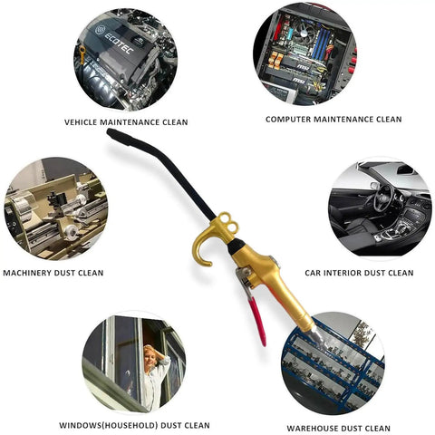 High Volume Air Blow Gun With Aluminum Body And Rubber Guard surrounded by images of its cleaning applications.