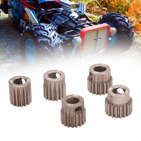 RC Pinion Gear Set 48P 5mm Shaft Hardened Aluminum 7075 Aviation Grade With 15T 16T 17T 18T 19T For 1 By 10 Scale RC Cars Upgrade shown