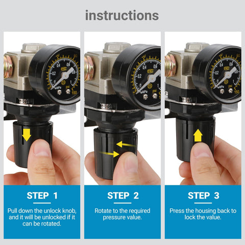 Steps to adjust Stainless Steel Air Compressor Pressure Regulator One Quarter Inch PT With Mounting Bracket And Gauge